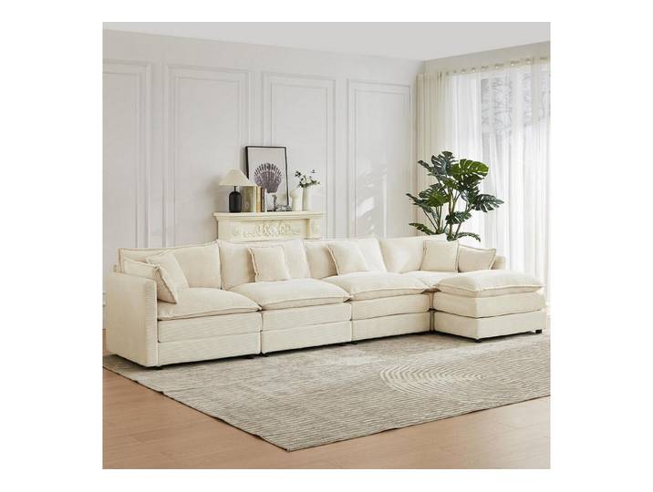 LuxusKollektion Wohnlandschaft Ecksofa Schlaffunktion Modulares 374 Cm Beige Cord L-förmig