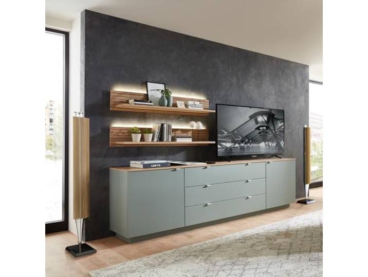 Lomadox TV Sideboard Set mit Wandregalen Fernsehschrank grün mit Eiche, Breite 240 cm inkl. LED Beleuchtung, Wohnwand, Fernsehwand