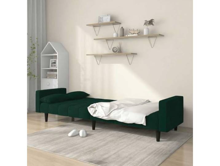 KTHLBRH Schlafsofa 2-Sitzer Samt dunkelgrün mit 2 Kissen Holzrahmen, umwandelbar, Schaumstoff, 110 kg pro Sitzplatz, für Wohnzimmer