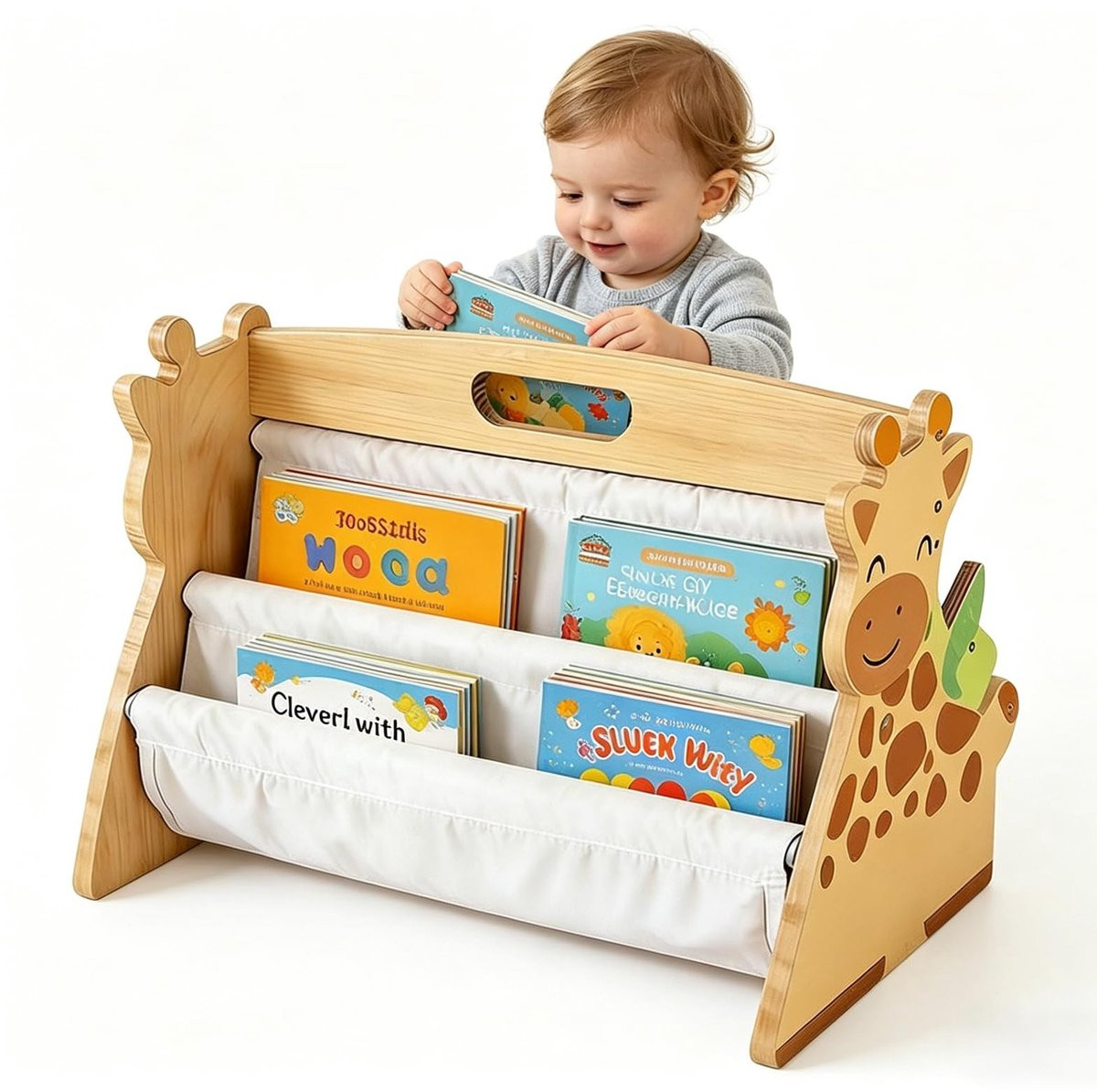Omgoods Dubbelzijdige Houten Boekenplank voor Kinderen met Canvas Opbergers