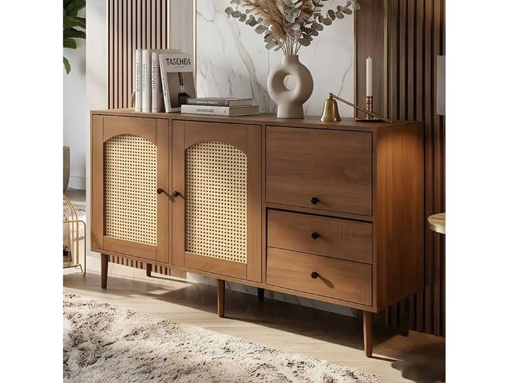 Commode Sideboard Bois 130x40x75.5cm 2 Portes Arches en Cannage Rotin & Tiroirs Grand Bahut Rangement Vaisselle Style Vintage