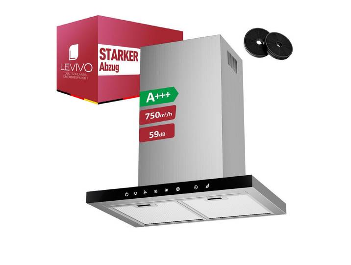 Levivo Wandhaube A+++ Dunstabzugshaube 60cm Umluft & Abluft mit 750 m³/h Aktivkohlefiltern, Fettfiltern, LED-Beleuchtung
