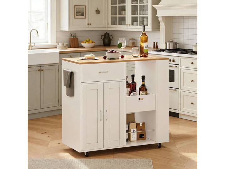 Desserte cuisine avec roulettes NMONET ilot central 102x42x96 cm desserte de cuisine avec tiroir et 2 porte blanc