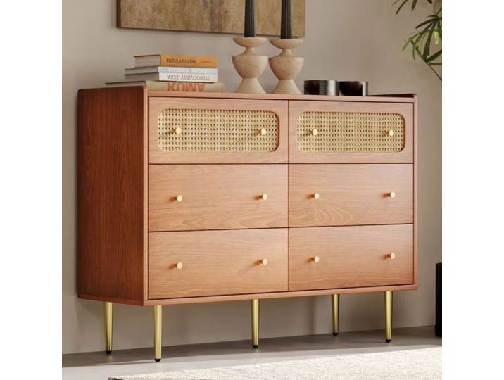 Buffet Commode avec 6 tiroirs rotin Sideboard Highboard Marron Naturel O.Ye multicolore COMMODE DE CHAMBRE