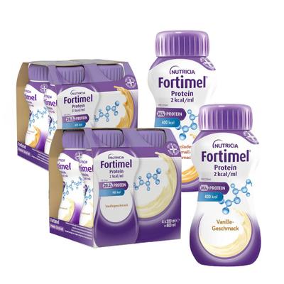 Fortimel Protein 2 kcal Schoko.-Karamell Trinknahr & Vanillegeschm 2x4x200 ml Flüssigkeit