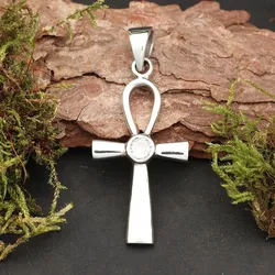 Drachensilber Ankh mit weißem Zirkonia 925 Silber Kettenanhänger - Silber