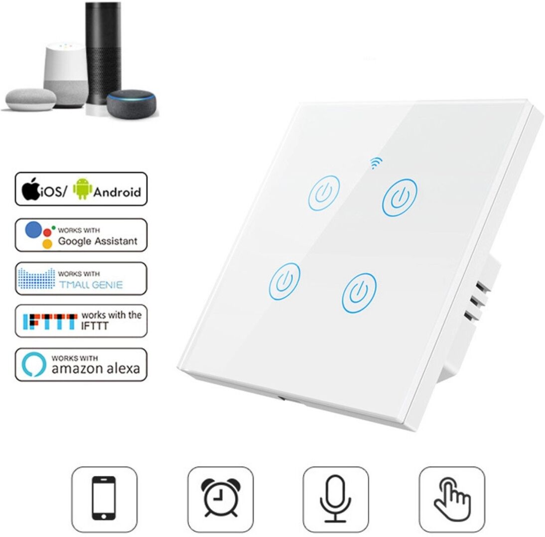 INF Interrupteur tactile WiFi 4-gang – Panneau en verre trempé, contrôle à distance et vocal, protection contre les surcharges,