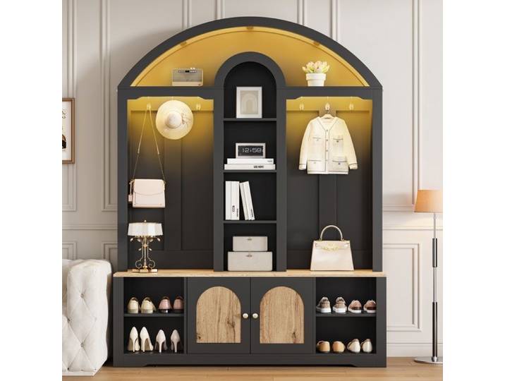 Porte-Manteau-Meuble d'Entrée-Vestiaire-avec étagères porte-chaussures et patères-design moderne-Noir