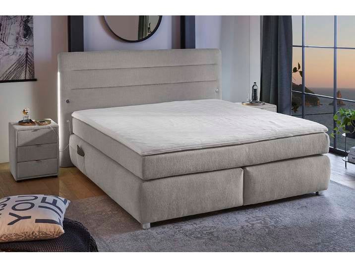 Boxspringbett, Chenille, Grau 205×217 cm, Mit LED-Beleuchtung & USB-Ladeports, Jockenhöfer