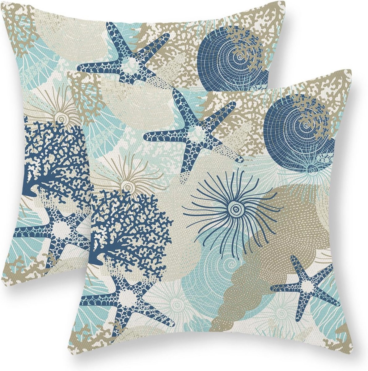Set van 2 Zee Thema Kussenhoezen 45x45 cm met Schelpen en Sterrenbeeld Decoratie