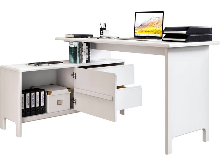 Schreibtisch GOODPRODUCT Luven, aus Massivholz , weiss (weiß), B:140cm H:76cm T:60cm, Tische, Schreibtisch, in 2 Breiten, variable Nutzung als Schreibtisch oder Eckschreibtisch