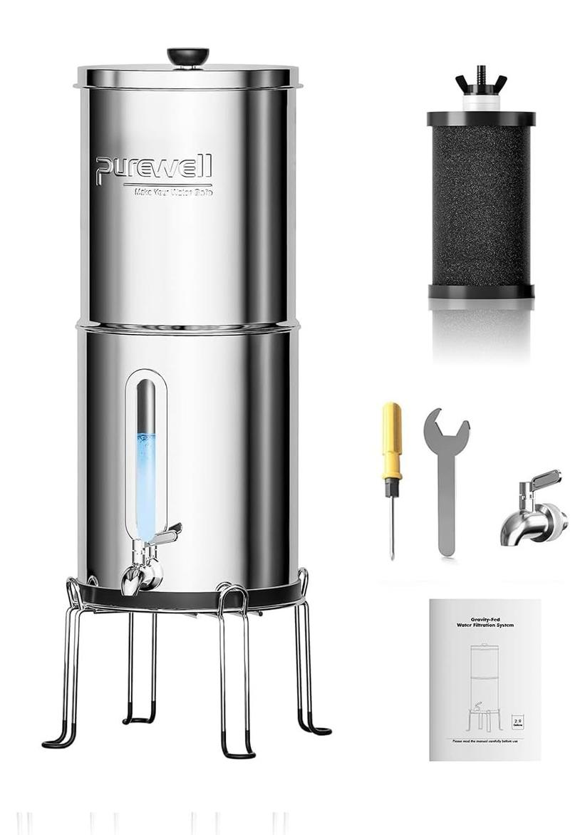 Schwerkraftwasserfilter Wasserfilter Gravitationsfilter - 3,8 Liter - Edelstahl - Aktivkohlefilter 2. Generation - Stromlos