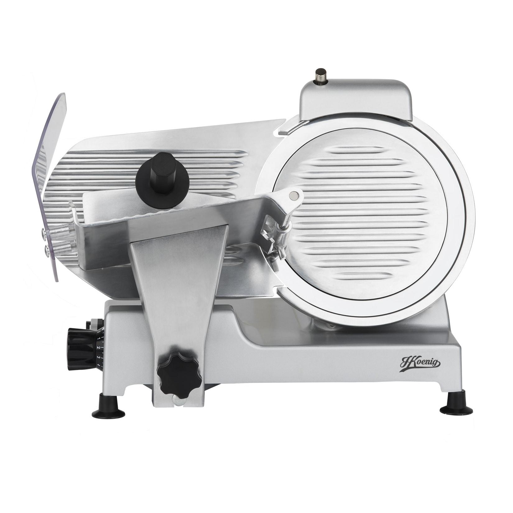 H.Koenig Elektrischer Alleschneider MSX250, professionell, Schnitt 0-12 mm, italienische Klinge 25 cm, eingebauter Schärfer, 282 rpm, Silber