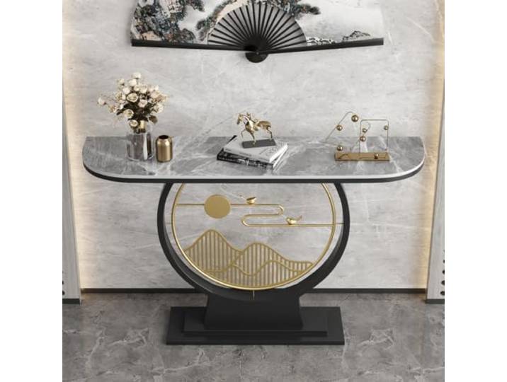 Moderner Konsolentisch, schmaler Flurtisch mit Steinplatte, Metallgestell Stabile Steinplatte, platzsparendes Design, robuster Metallrahmen, vielseitig einsetzbar(Black-B,31.5in*11.8in)