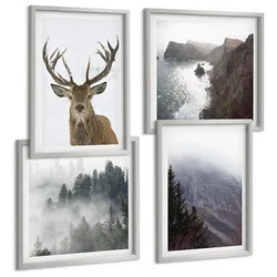 BILDER SET 4er Set - 50x50 cm & 40x60 cm Silberner Rahmen - Berglandschaft Nebel Hirsch