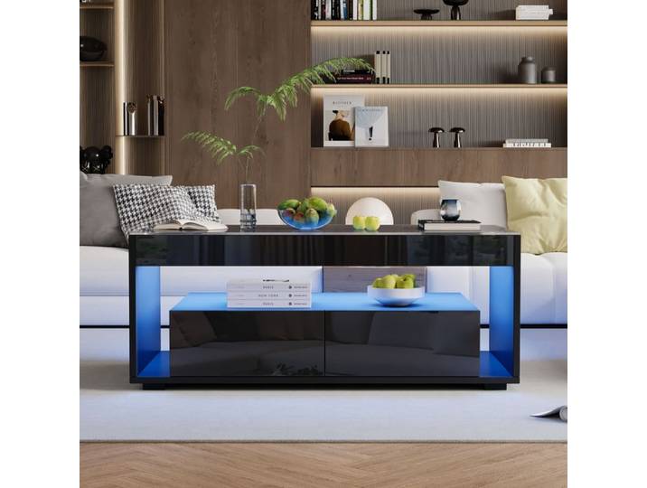 Feuille épaissie Table basse moderne avec lumière LED de 16 couleurs canapé rectangulaire avec 2 grands tiroirs table de salon s