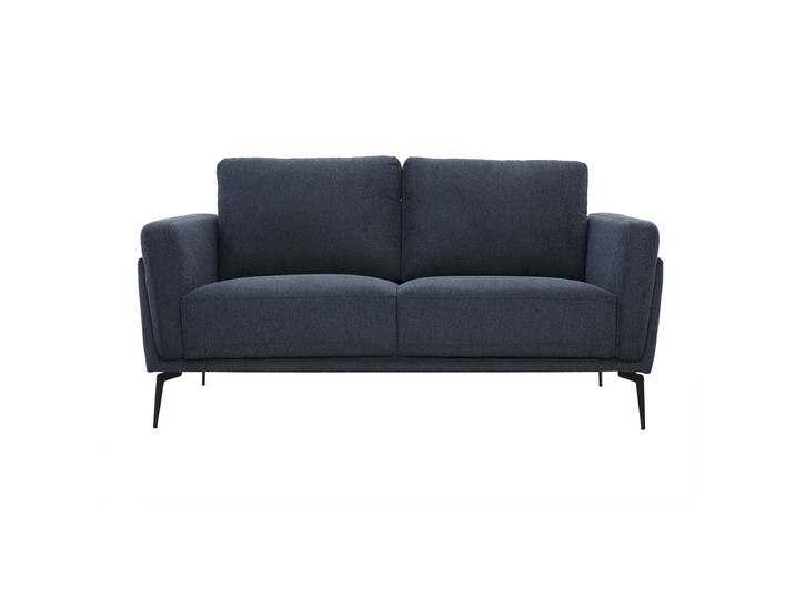 Canapé design 2 places en tissu effet velours texturé bleu foncé et métal noir MOSCO