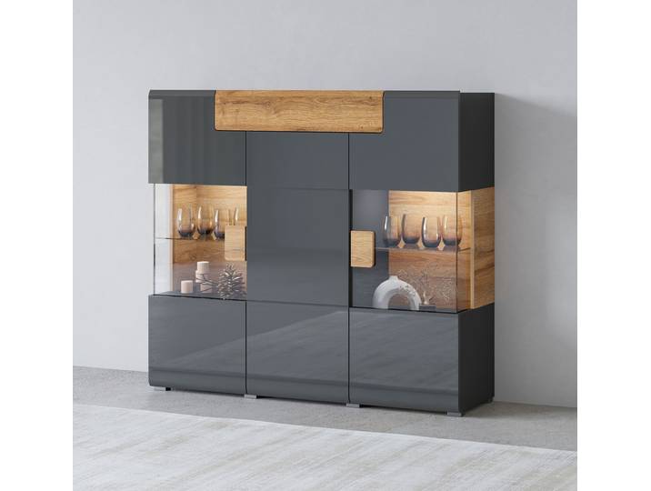 Highboard GOODPRODUCT Toledo,Breite 147,5cm,trendige Hochkommode mit 3Türen und Schublade , schwarz (antrazit matt, antrazit hgl, alteiche), B:147,5cm H:132cm, Sideboards, Highboard, Hochschrank mit Glas-Partien,stylische Hochglanzfronten