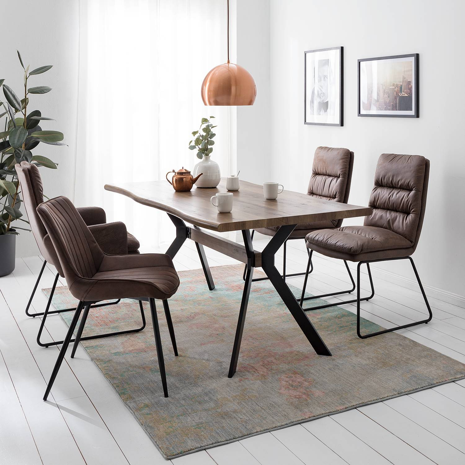 home24 Eettafel Kevil, 160 cm, Bruin, Wild-eikenhouten look