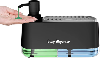 KitchenNation Dual Soap Dispenser With Sponge And Dishcloth Holder, Kitchen Hand Dish Soap Dispenser With Tray, Multi Functional black