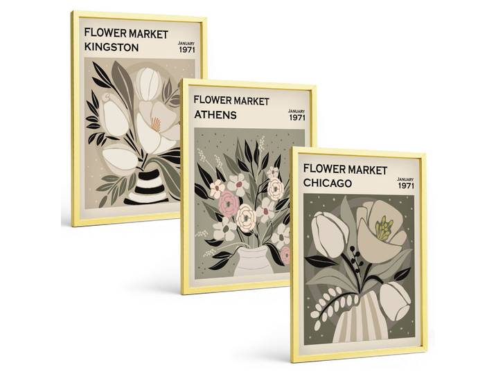 BILDER SET 3er Set - 40x60 cm Goldrahmen - Retro-Blumenarrangements