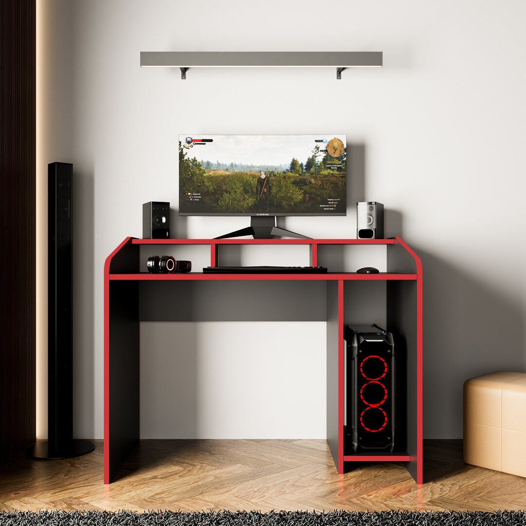 Bimossa Nova 117 cm PC Gaming Desk 117cm with Monitor Shelf, Modern Computer Desk for PC, Gaming & Home Office, Wooden Gaming Desk Table with Storage Red/Black 88cm H X 117.3cm W X 56cm D