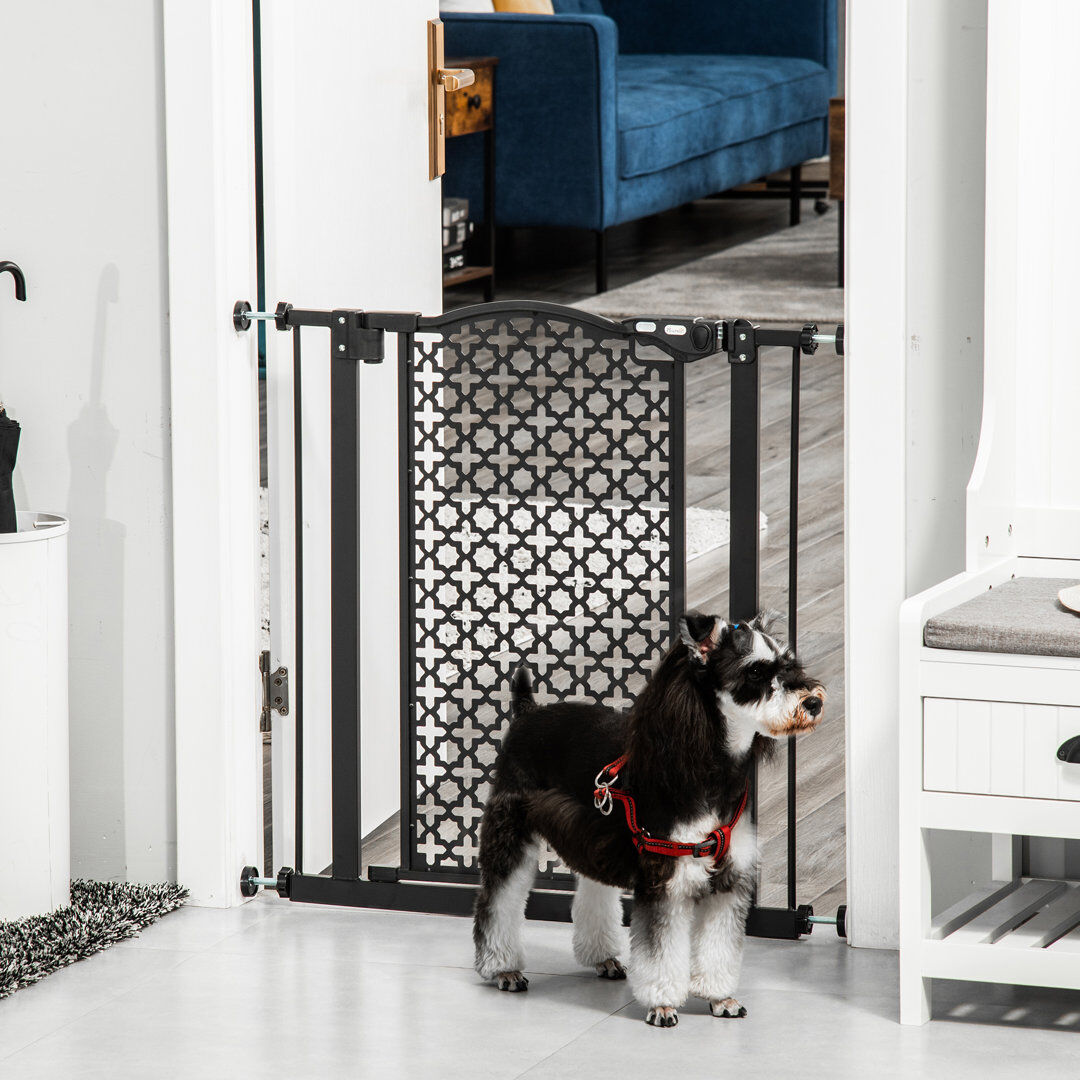PawHut 74-80 cm Pet Safety Gate Pressure Fit Stair with Double Locking Black Black 76.2cm H X 80cm W X 2cm D