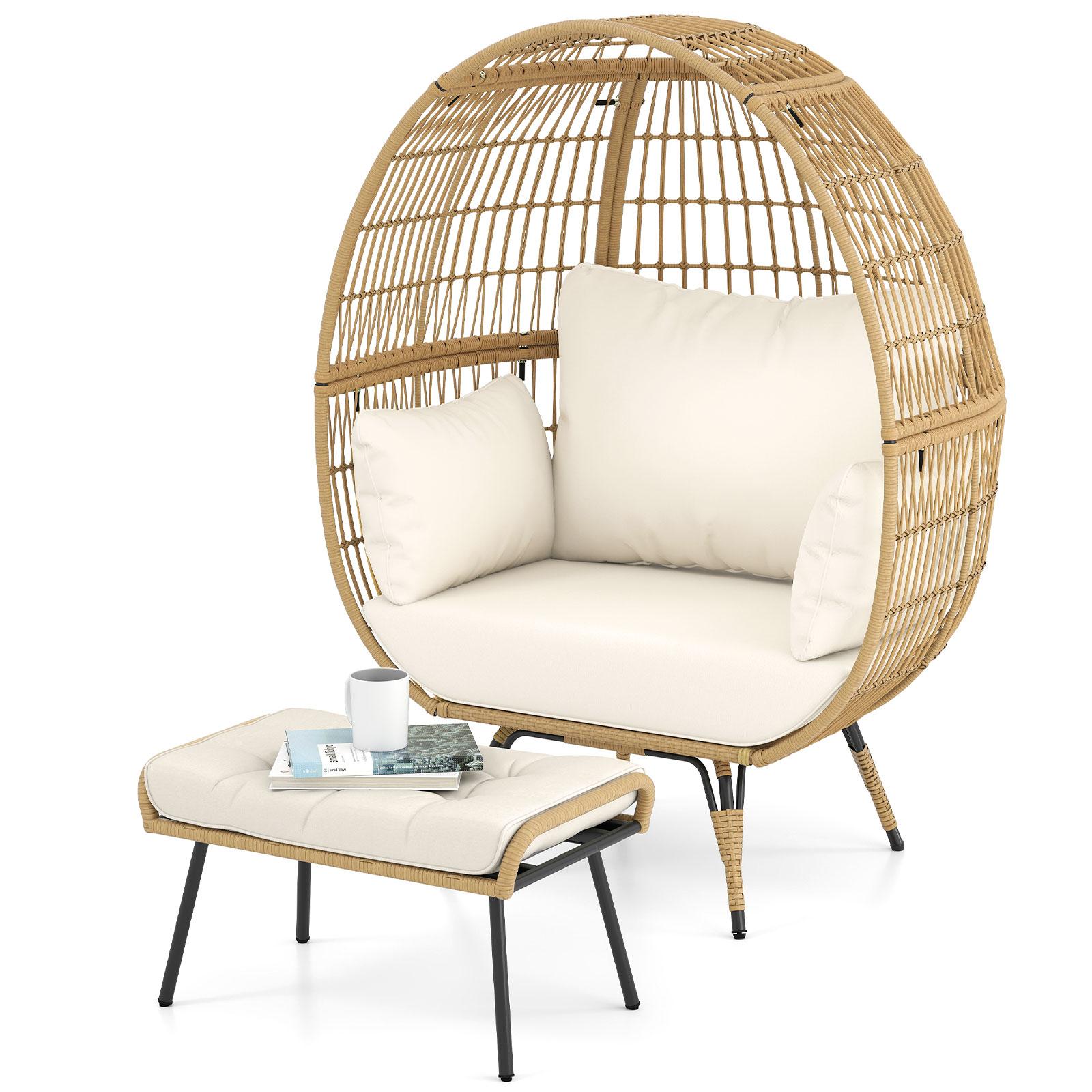 COSTWAY Korbsessel Polyrattan mit Hocker, übergroßer Gartensessel mit Kissen und Metallgestell, Rattansessel XXL, Loungesessel Beige