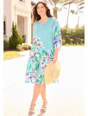 Plus Size Women's Angel Sleeve V-Neck Shift Dress by Catherines in Aqua Placed Hibiscus (Size 0X)