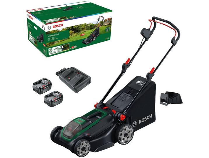 Akkurasenmäher BOSCH HOME & GARDEN ROTAK18V-43 , grün (weiß, neutral), Rasenmäher, Akkurasenmäher, Kraftvoller 3-in-1-Mäher für mittelgroße bis größere Rasenflächen