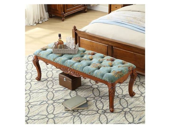 Tritthocker Gepolsterte Bank aus massivem Holz – Samtkissen funktionale Sitzgelegenheit am Nachttisch for Schlafzimmer, Wohnzimmer, Flur, Eingangsbereich, Foyer Schlafzimmerbank(Blue,120*53*47cm)