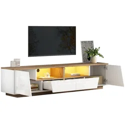 OKWISH TV-Schrank 180x40x46 cm Hochglanz LED-Lichtleiste 2 Schubladen 2 Schränke Halboffen Stauraum Holz Weiß Wohnzimmermöbel