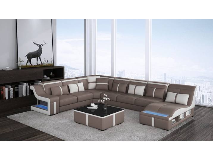 Xlmoebel Wohnlandschaft Beleuchtete U-Form Ledergarnitur für modernes Wohnzimmer, Wohnlandschaft, Hergestellt in Europa