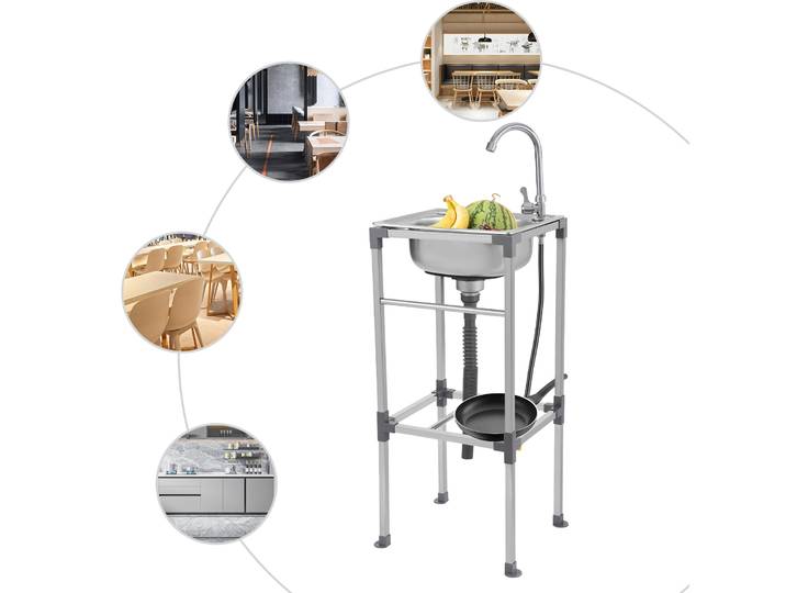 Évier de cuisine autoportant avec tuyau de vidange, robinet d'eau froide, panier filtrant en acier inoxydable pour hôtels, bars, restaurants