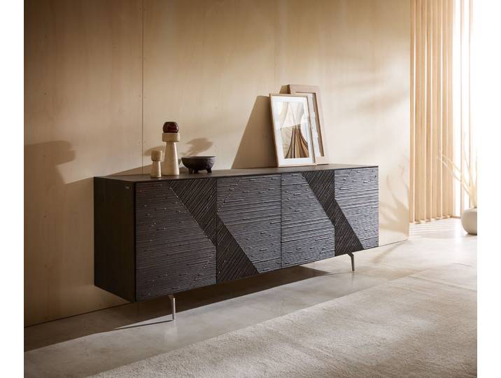 Sideboard Tereos 200 cm Esche Dunkelbraun 3D Effekt 4 Türen Winkelfuß Edelstahl gebürstet, Sideboards