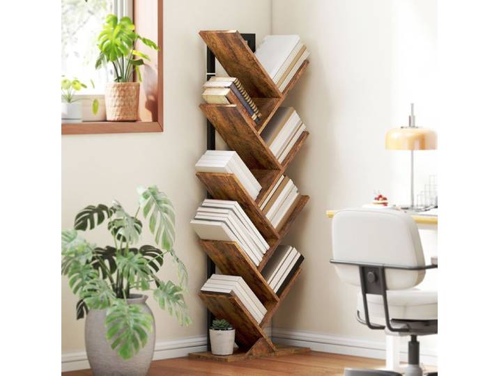 Bibliothèque Arbre à 9 Niveaux Meuble de Rangement Industriel avec Cadre en Acier 50x24x136cm Brun Rustique