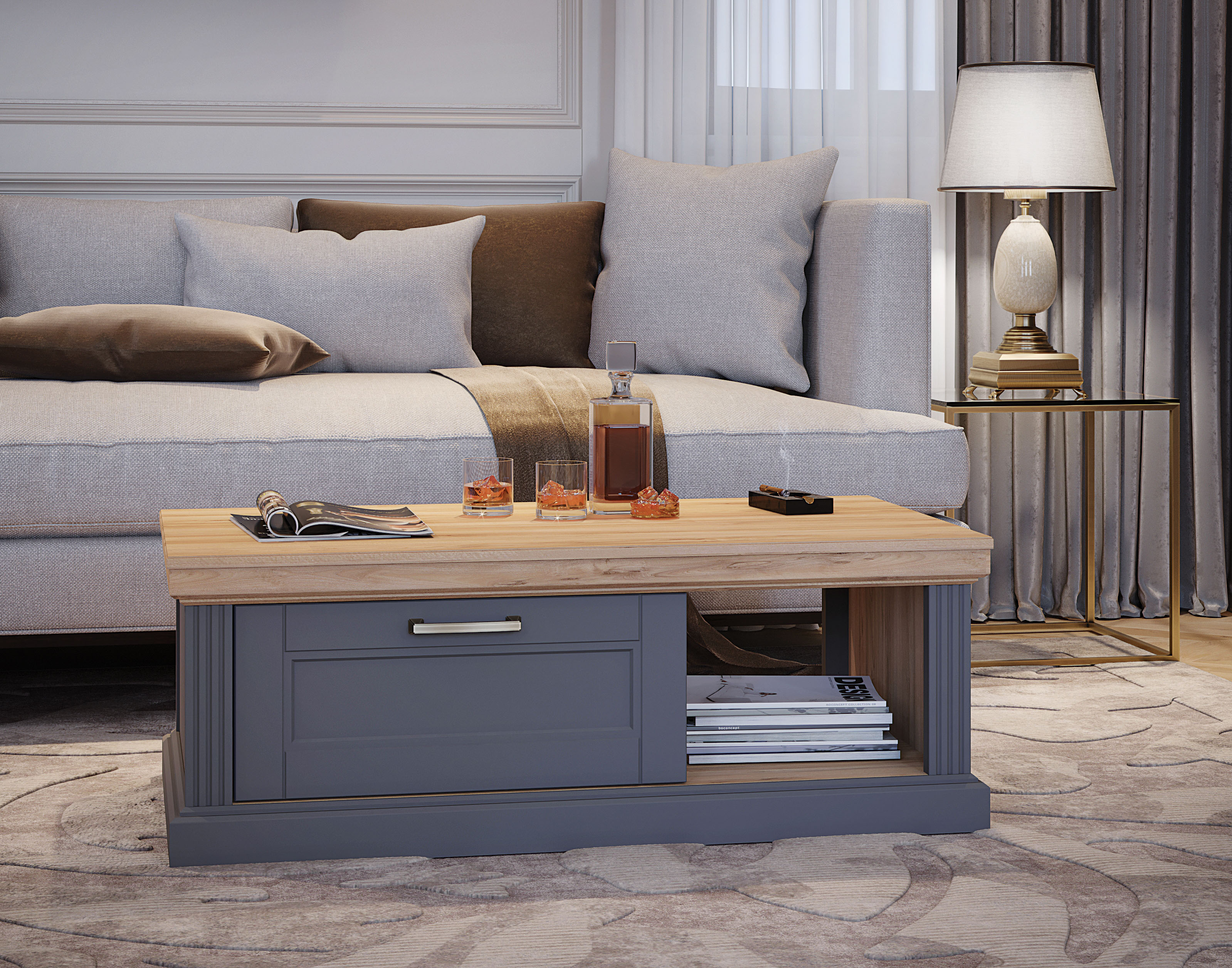Couchtisch GOODPRODUCT "Tara", grau (graphit matt, pacific walnut, pacific walnut), B:110cm H:40cm T:61cm, Tische, Couchtisch, mit Soft-Close-Funktion, mit Rollen und Stauraum graphit matt, pacific walnut, pacific walnut B/H/T: 110cm x 40cm x 61cm, Schubl