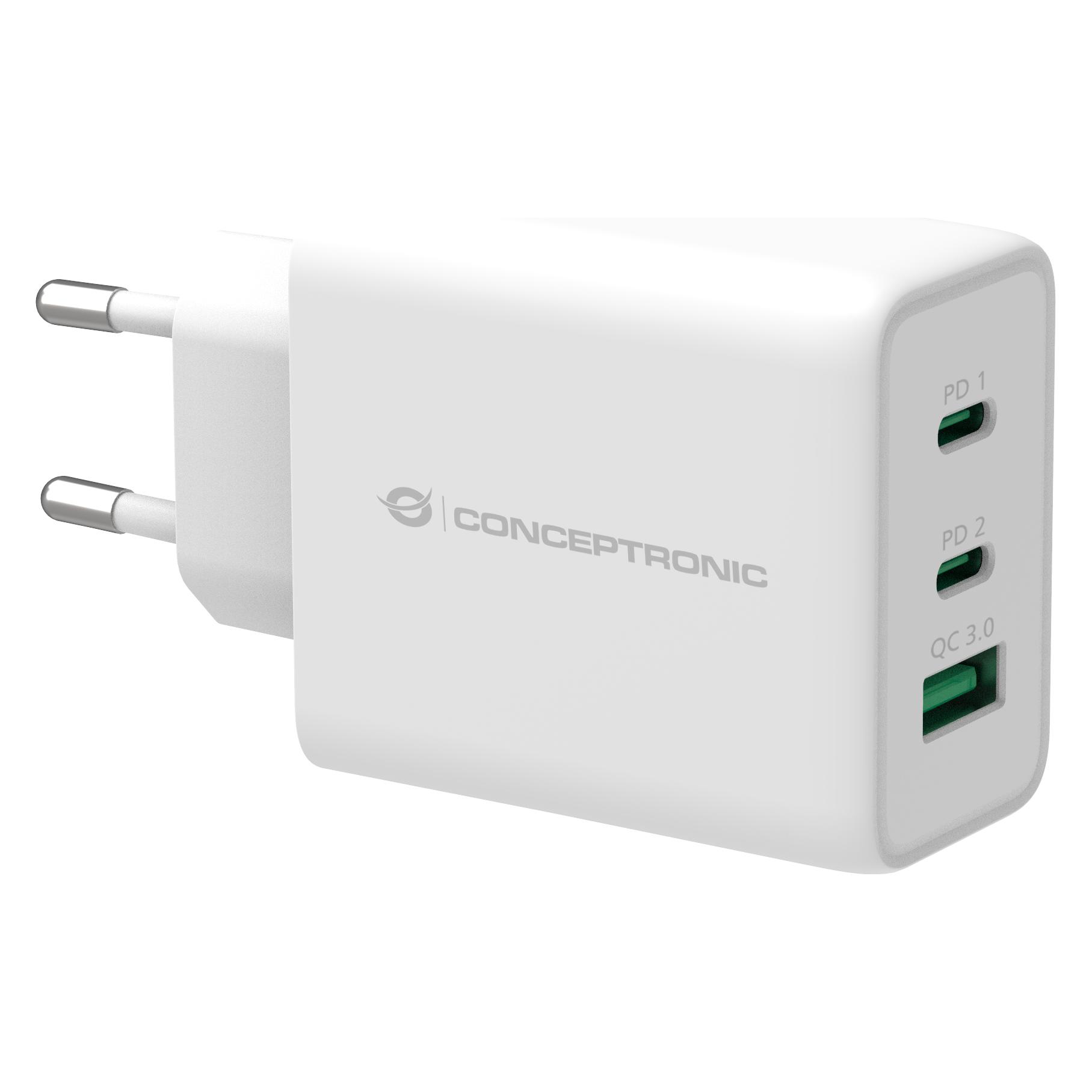 Conceptronic Ladegerät 3Port 65W,GaN USB-P 3.0 weiss (65 W, 3 Ports) (120549103101)