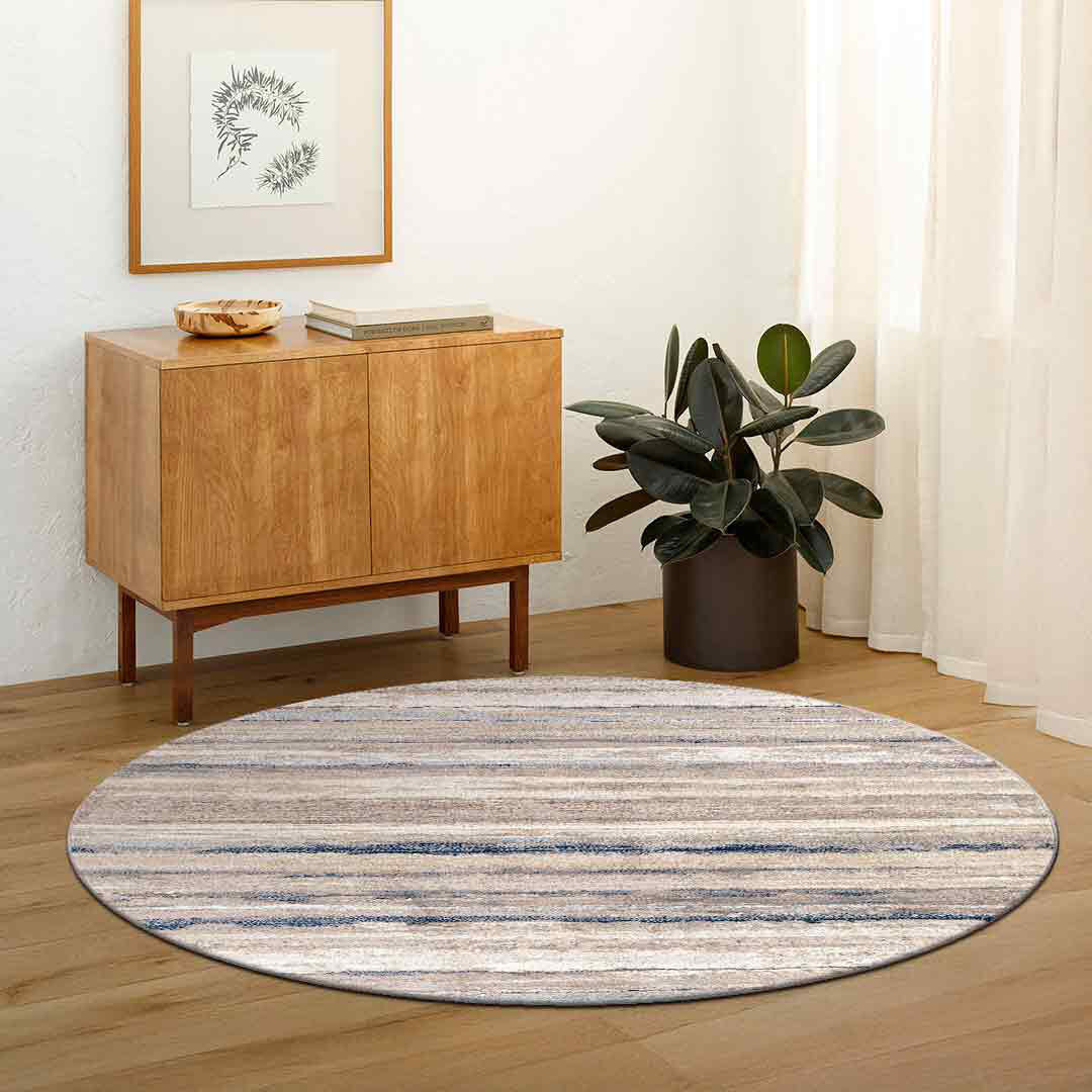 Blue Elephant Striped Area Rug Cream;Blue;Gray Round 200cm