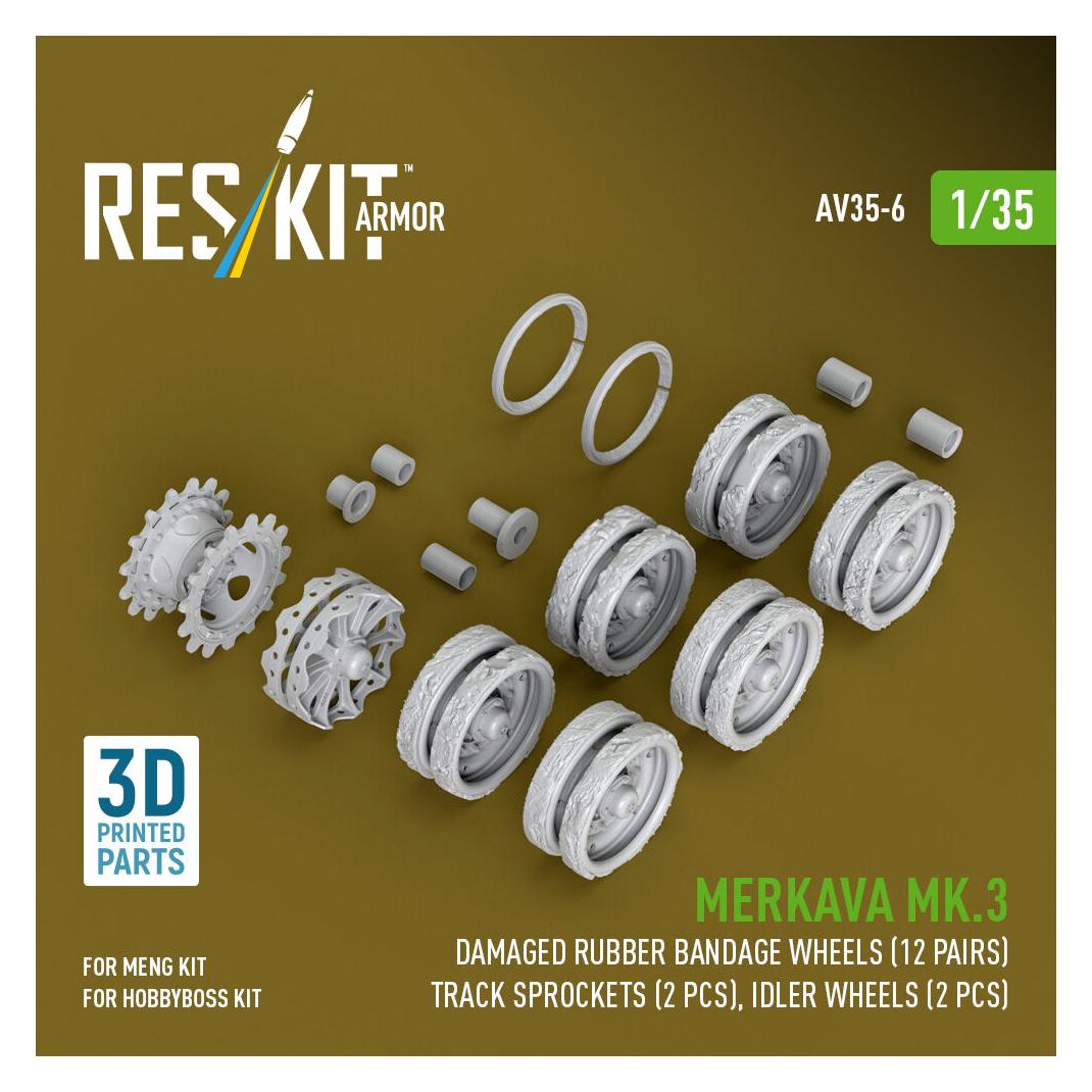 ResKit Merkava Mk.3 damaged rubber bandage wheels (12 pairs), track sprockets (2 pcs), idler wheels (2 pcs) (AV35-0006)