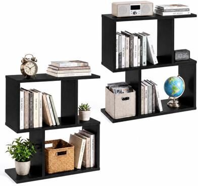 Costway 3-Tier Geometric Bookshelf Freestanding Display Shelf Side Table Set of 2-Black