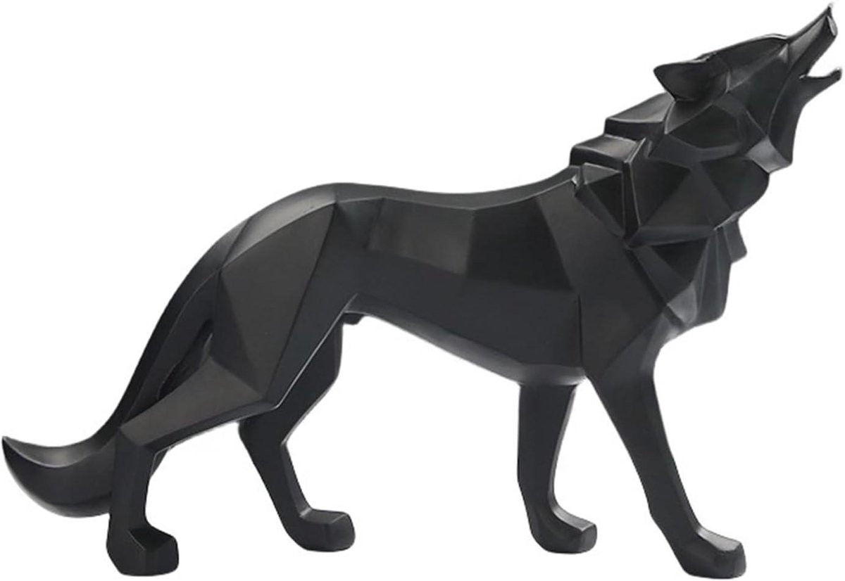 Hars Wolf Standbeeld - Realistische Dierendecoratie voor in de Woonkamer - Zwart
