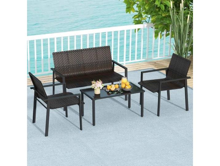 COSTWAY Ensemble 4 Pièces Table Basse et Chaises de Jardin en Osier Ensemble Meubles de Patio pour Balcon Terrasse Cour Marron