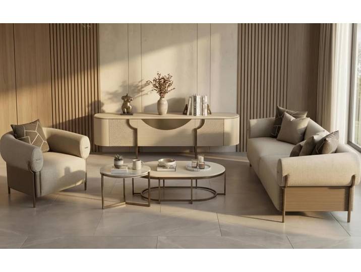 Xlmoebel Polstergarnitur Beiges Wohnzimmer-Set: Sofa, Sessel, Couchtische und TV-Schrank, (Wohnzimmer-Set, 5-tlg., Beiges Wohnzimmer-Set), Made in Europa