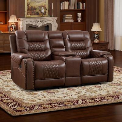 EBELLO Faux Leather Manual Reclining Loveseat 2-Seater Home Theater Recliner Sofa with Center Console Cup Holders & Hidden Storage