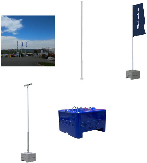 Set Schake Fahnenmast-Set 6m Stahlmast, RAL 9005 + Schake Lampenmast + Schake Beton-Aufstellvorrichtung, 1000 kg + Schake Ausleger für Fahne + Schake Kameramast-Set 6m mit Traverse