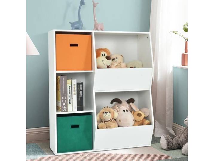COSTWAY Bibliotheque Enfant - 2 Paniers de Rangement Meuble de Rangement pour Enfant - 3 Cubes 2 Grandes Boîtes Rangement Ouvertes