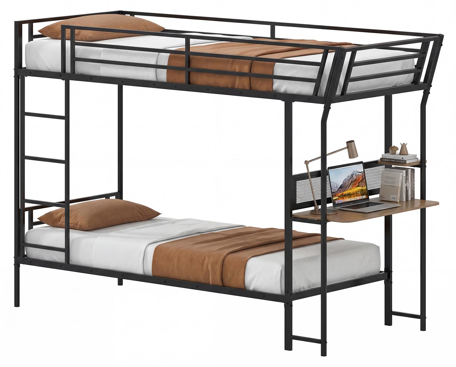 COSTWAY Etagenbett mit Schreibtisch, Hochbett 90x200cm aus Metall, Kinderbett mit Lattenrost, Rausfallschutz & Leiter, Stockbett, Jugendbett