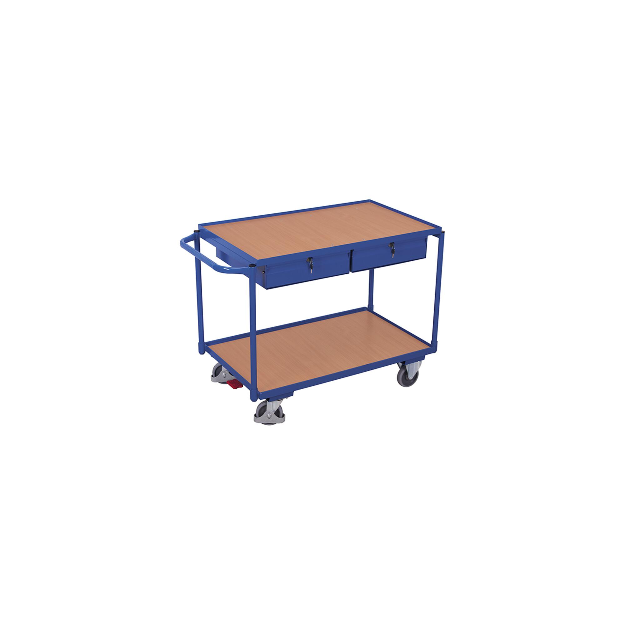 VARIOfit Tischwagen mit 2 Ladeflächen und 2 Schubladen Schiebegriff waagerecht (sw-600.504)