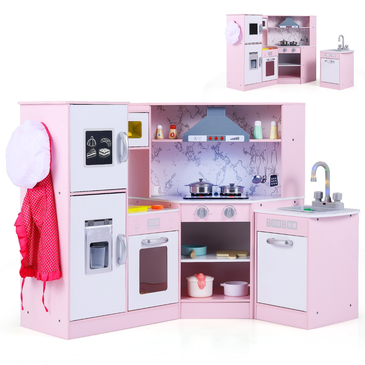 Costway Kinderkeuken van Hout met Licht en Geluid en Accessoires, Roze